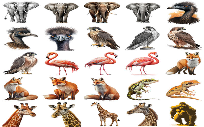 Collage of fox, giraffe, chameleon, flamingo and more animal clipart images