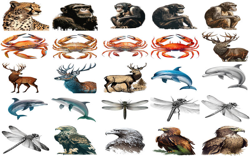 Collage of reindeer, eagle, crab and more animal clipart images