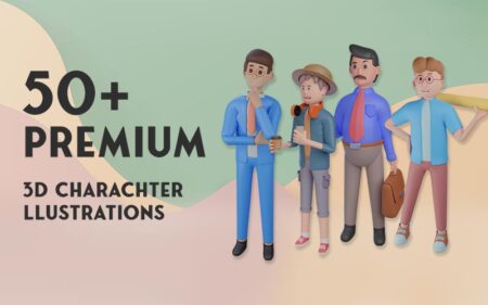 Feature Image of 50+ High Premium 3D Characters Illustrations. The image displays 4 3D character illustrations from the bundle, along with the text of the bundle to the left hand side in the center of the image.