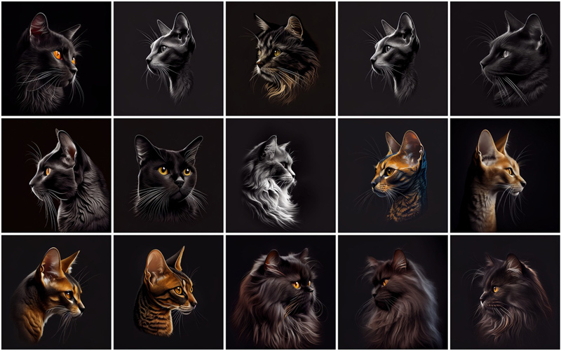 A collage of 15 cats images on an aesthetic black background, displaying the images of cats available in the 480 Cat Breed Images Bundle.