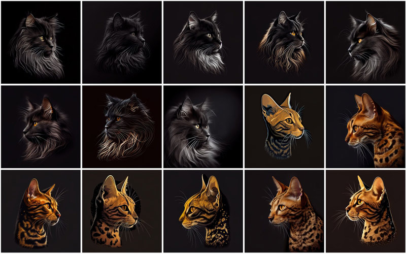 A collage of 15 cats images on an aesthetic black background, displaying the images of Bengal Cats and Black and White Cats breed, is available in the 480 Cat Breed Images Bundle.