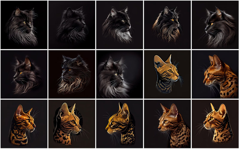 A collage of 15 cats images on an aesthetic black background, displaying the images of Bengal Cats and Black and White Cats breed, is available in the 480 Cat Breed Images Bundle. - high-quality cat images