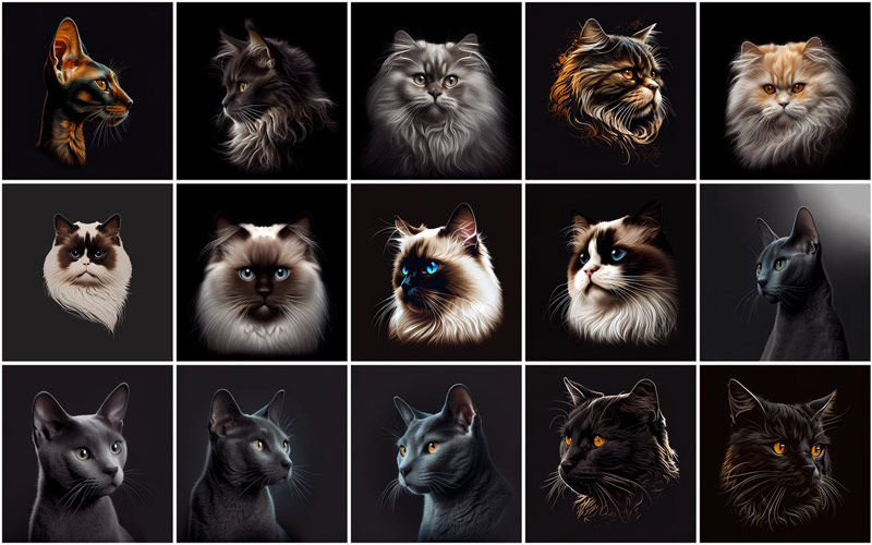 A collage of 15 cats images on an aesthetic black background, displaying the images of Birman breed, Bobtail breed and Brazilian Short Hair, are available in the 480 Cat Breed Images Bundle -high-quality cat images