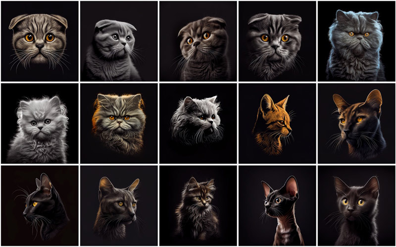 A collage of 15 cats images on an aesthetic black background, displaying the images available in this Bundle.