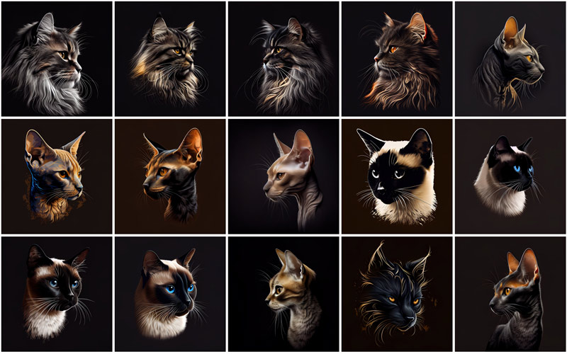 A collage of 15 cats images on an aesthetic black background, displaying the images available in the 480 Cat Breed Images Bundle.