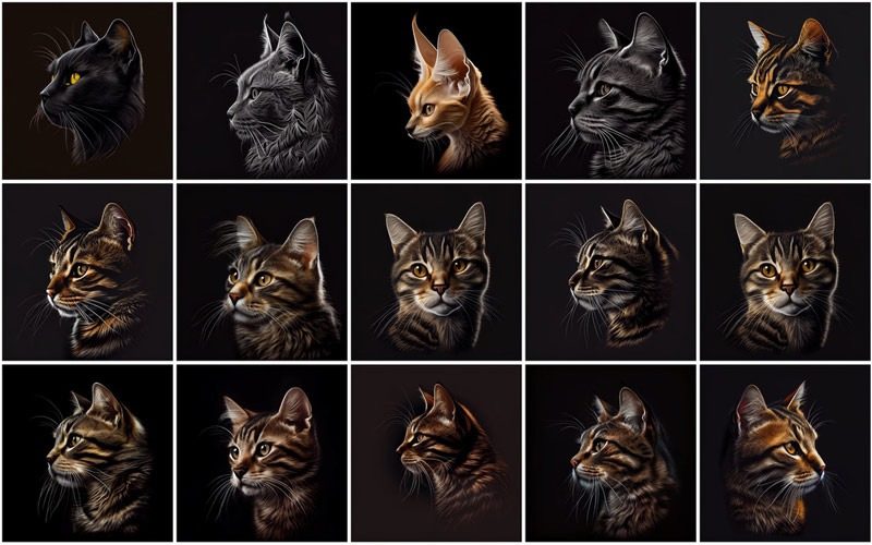 A collage of 15 cats images on an aesthetic black background, displaying the images available in the 480 Cat Breed Images Bundle.