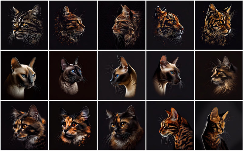 A collage of 15 cats images on an aesthetic black background, displaying the images of mainly Bengal Cat Breed is displayed.