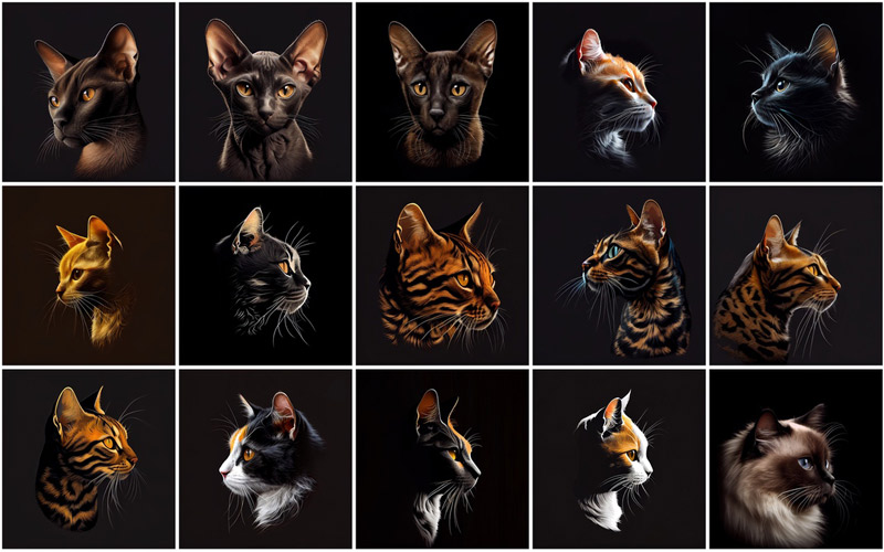 A collage of 15 cats images on an aesthetic black background, displaying the images of cat breeds like Abyssinian, and American, available in the 480 Cat Breed Images Bundle.