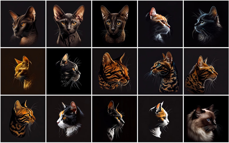 A collage of 15 cat breed images on an aesthetic black background, displaying the images of cats like Abyssinian, and American, available in the 480
