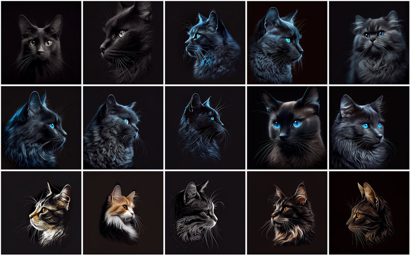 A collage of 15 cats on an aesthetic black background, displaying the images of American-Whitehair and Black Persian cats available in this Bundle.