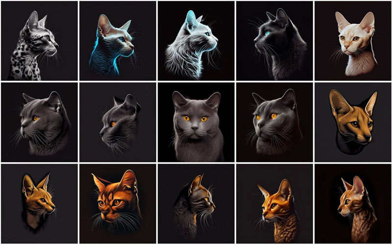 A collage of 15 cats images on an aesthetic black background, displaying the images available in the 480 Cat Breed Images Bundle.