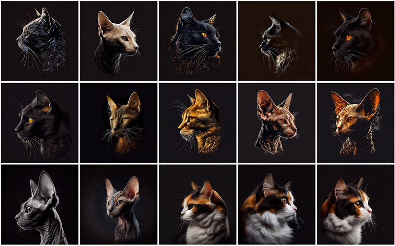 A collage of 15 cats images on an aesthetic black background, displaying the images available in this Bundle.