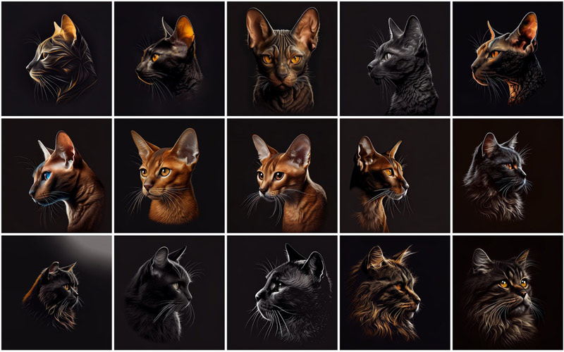 A collage of 15 cats images on an aesthetic black background, displaying the images available in the 480 Cat Breed Images Bundle.