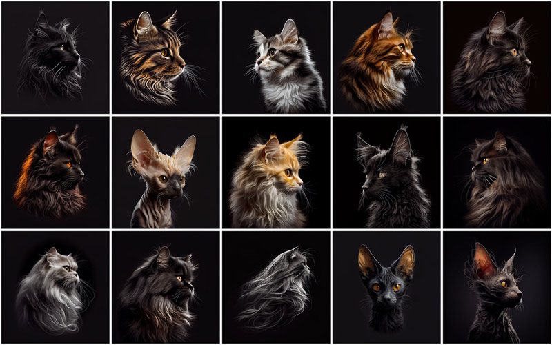 A collage of 15 cats images on an aesthetic black background, displaying the images available in this Bundle.