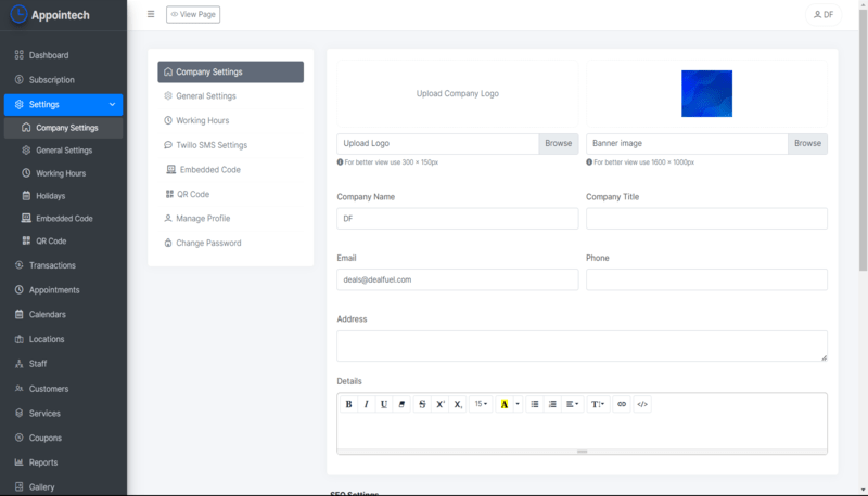 Company Settings preview displaying the functionalities of the tool - Manage appointments