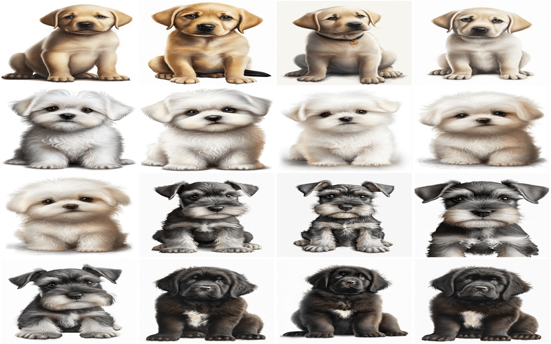 A collection of animated images showcasing different breeds of baby dogs, highlighting their cuteness and charm. 120 PNG Sublimation Puppies ContactSheet Preview Five