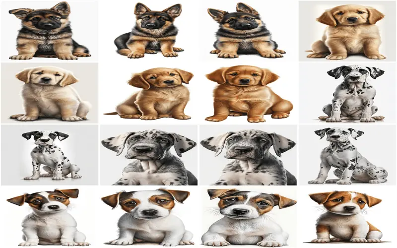 A collection of animated images showcasing different breeds of baby dogs, highlighting their cuteness and charm
