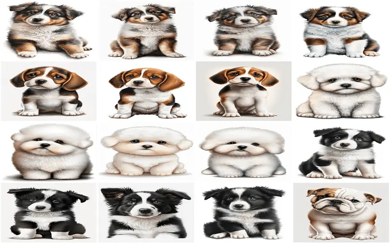 An animated collage of various puppy breeds, including fluffy, playful, and adorable baby dogs. 120 PNG Sublimation Puppies ContactSheet Preview One