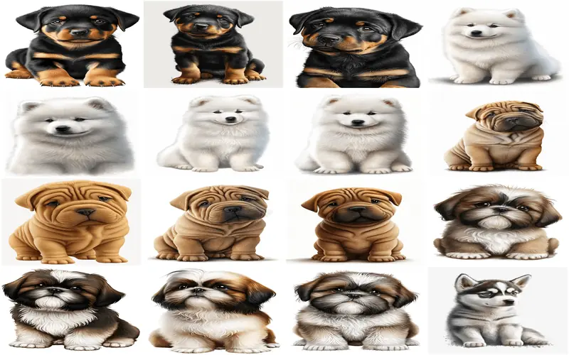 An animated collage of baby dogs from multiple breeds, each puppy depicted in a delightful and heartwarming manner
