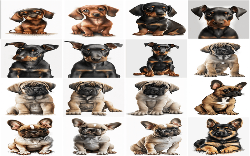 A collage of animated baby Golden Retrievers, French Bulldogs, and Poodles, each puppy displaying their unique cuteness