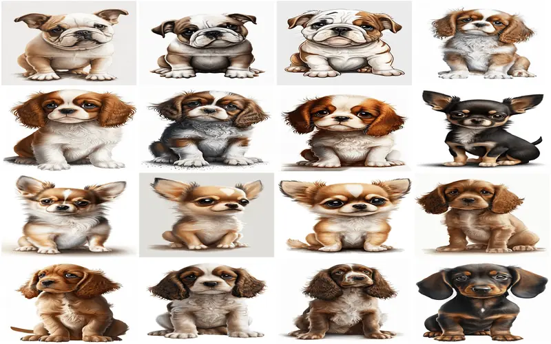 An animated collage of various puppy breeds, including fluffy, playful, and adorable baby dogs.