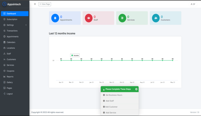 Appointech - Dashboard displaying all the features available for use
