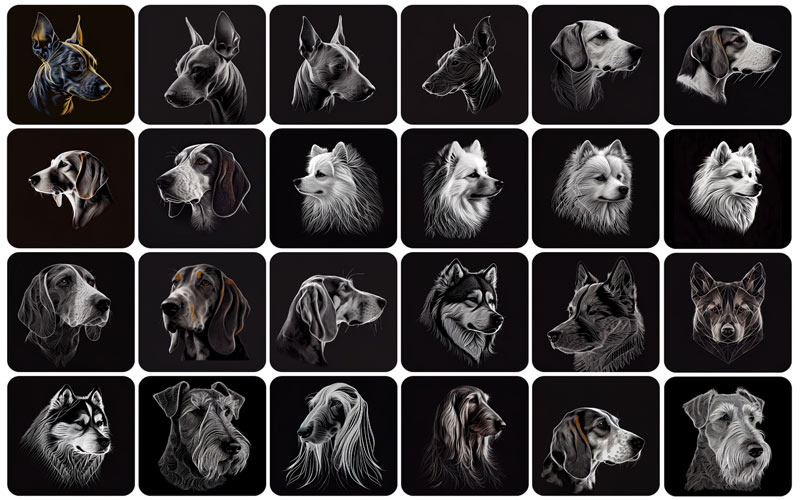 A collage of 24 pictures of dogs on a black background - hd dog photos - dog breed photos