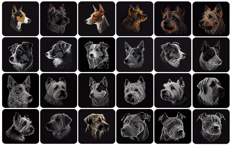 A collage of 24 dog breed photos