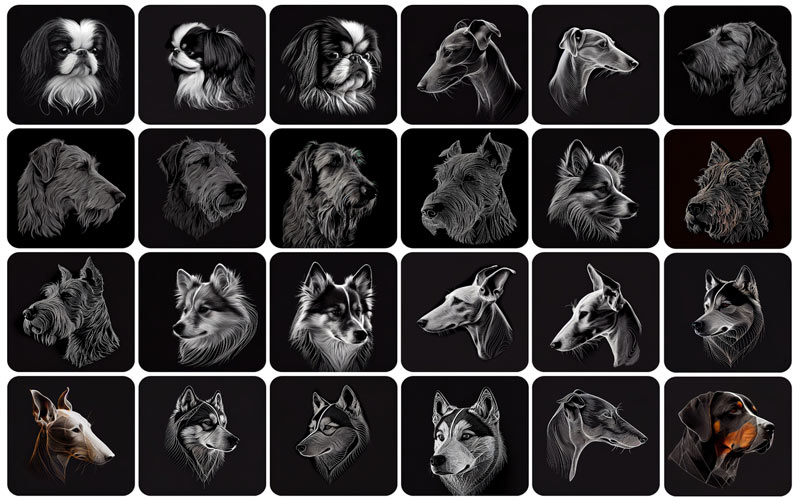 Image of the Bundle. A collage of 24 images of dog different dog breeds.