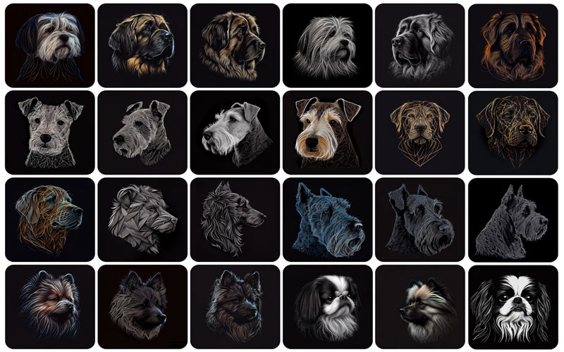 A collage of 24 pictures of dogs on a black background. dog breed photos