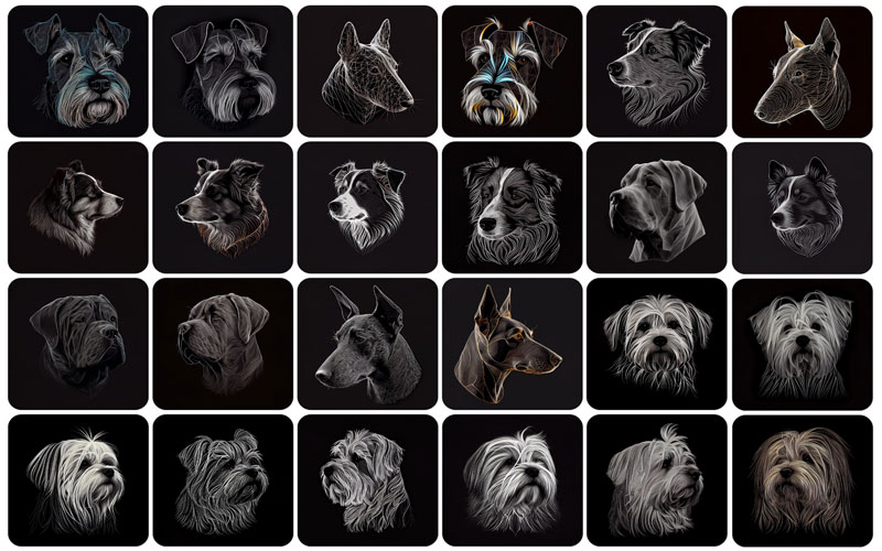 A collage of 24 images of dog different dog breeds.
