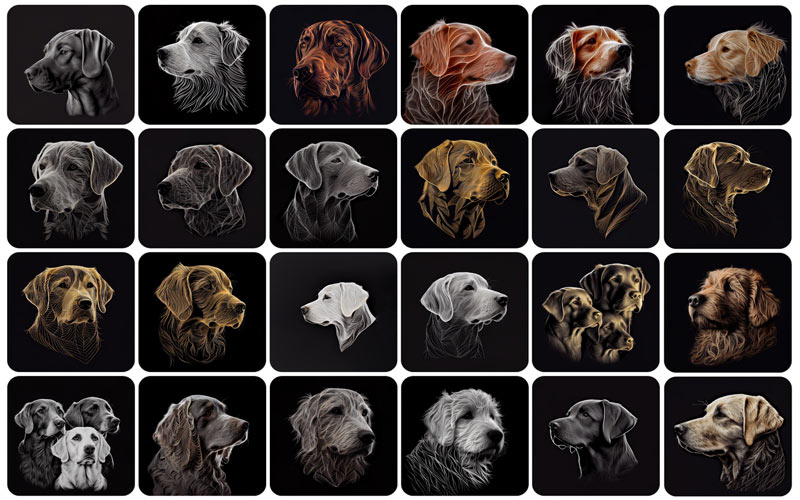 A collage of 24 pictures of dogs on a black background.