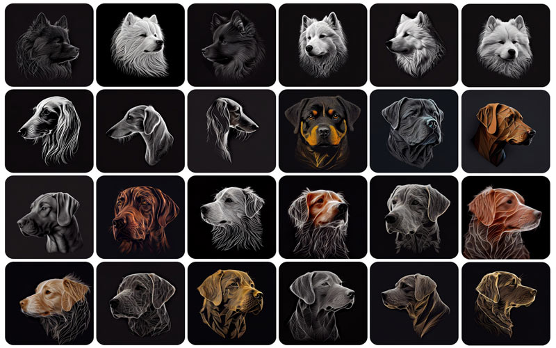A collage of 24 pictures of dogs on a black background. dog breed photos