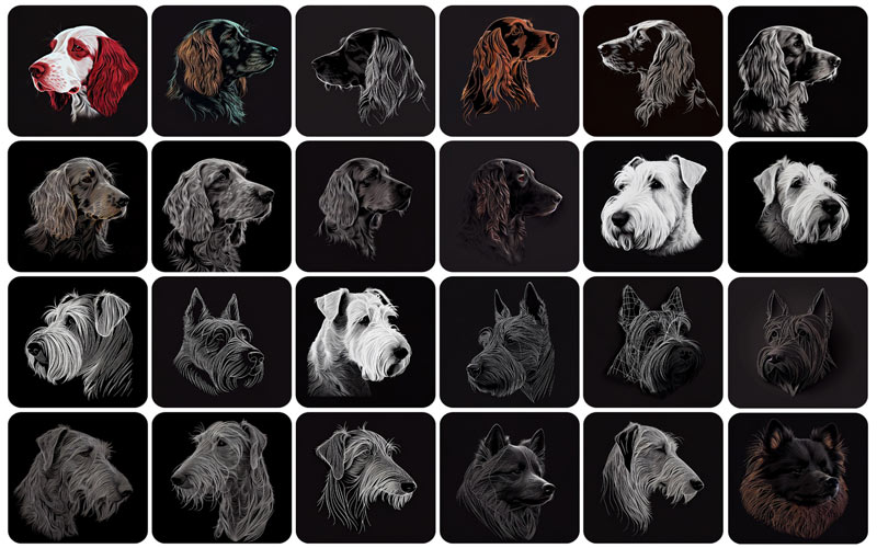 A collage of 24 images of dog different dog breeds.