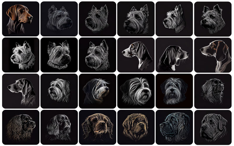 Image of the Bundle. A collage of 24 images of dog different dog breeds.