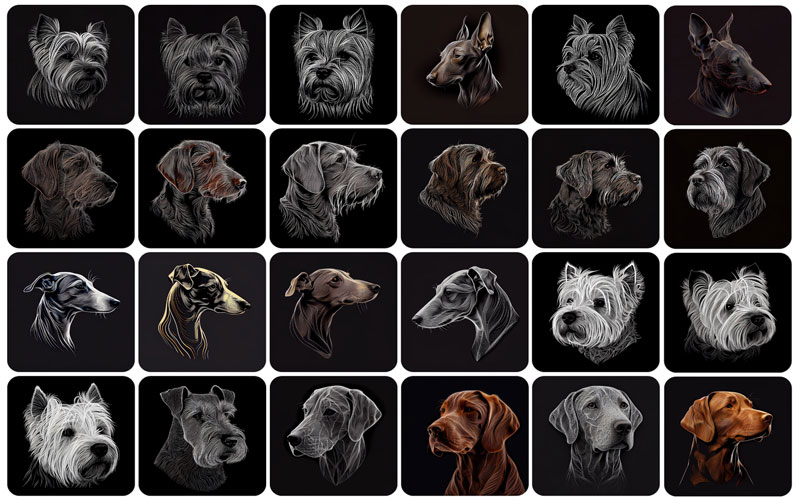 A collage of 24 pictures of dogs on a black background.