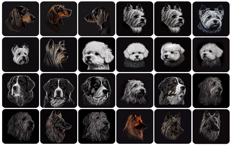 A collage of 24 high quality dog breed photos