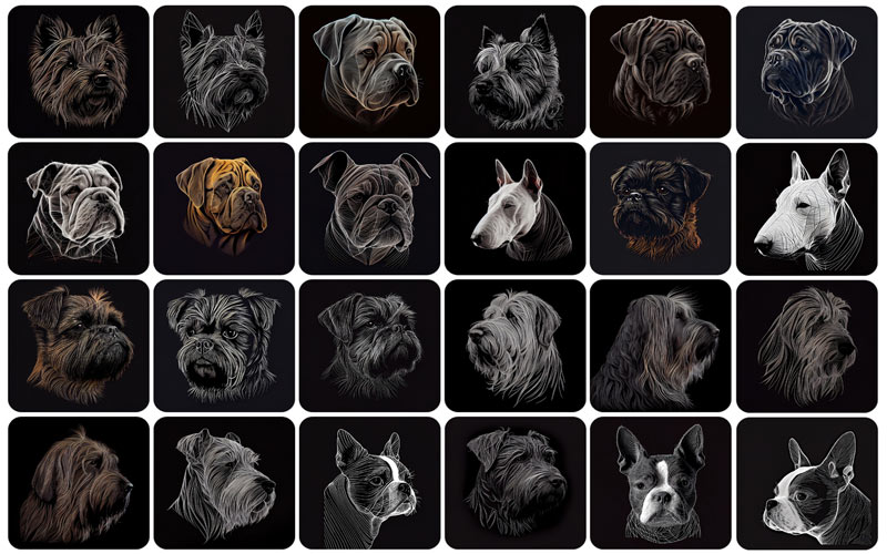 A collage of 24 dog breed photos