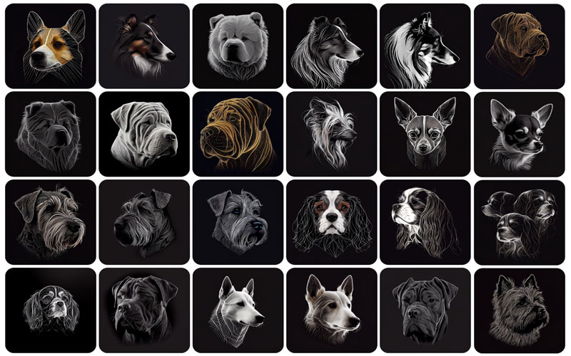 A collage of 24 pictures of dogs on a black background.