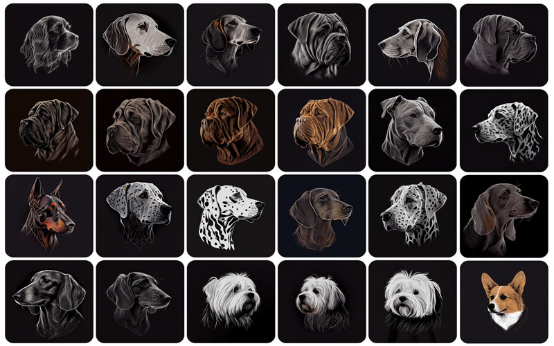 A collage of 24 images of dog different dog breed photos