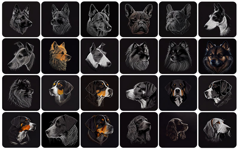 A collage of 24 images of dog different dog breeds.
