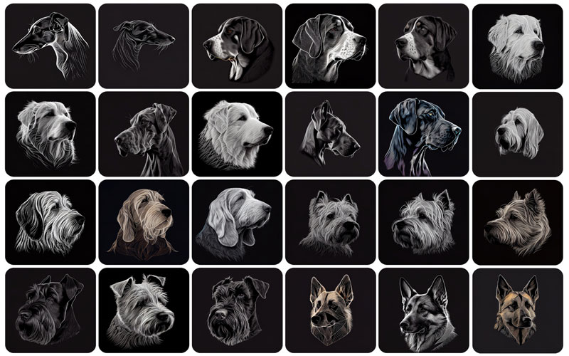 A collage of 24 pictures of dogs on a black background.
