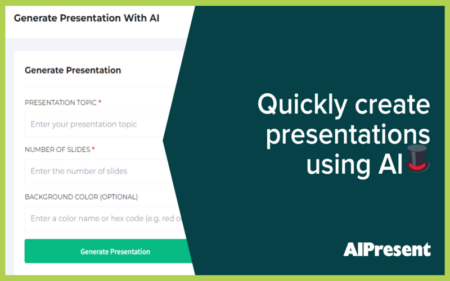 Feature image of AIPresent, the image is divided into two parts, the left side has the login dashboard preview of the tool, and the right side has the name of the tool written in bold white on a green color background.