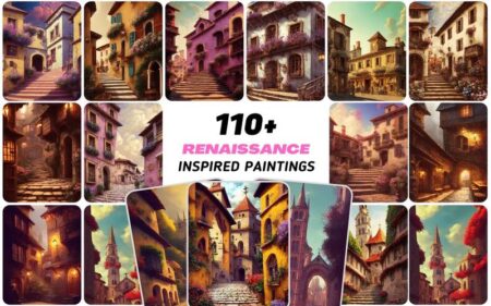Feature Image of 110+ Renaissance Inspired Paintings, the image is a collage of 17 different backgrounds inspired by the renaissance times.