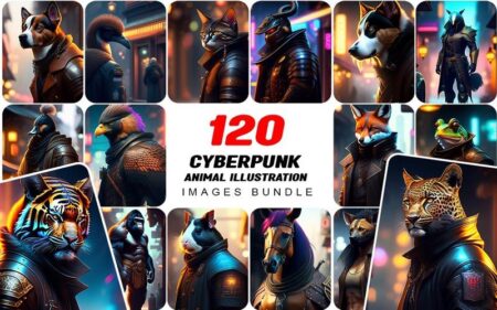 A collage of 16 Cyberpunk Animal Images. The Image has animals like, dogs, Tiger, Pigeon, Cheetah, Horse, Gorilla, Rat, Fox, Jackal, Frog, Cat, Orangutan and Rhino.