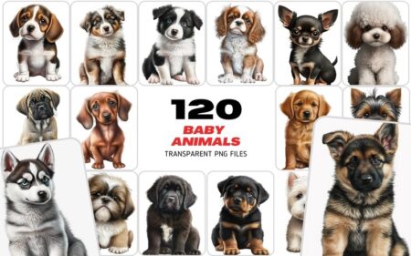 Feature Image of 120 Adorable PNG Sublimation Puppies, the image is a collage which has 16 images of cute lil puppies, there are various dog breeds like, German Shephard, Rottweiler, Husky, Beagle and many more.