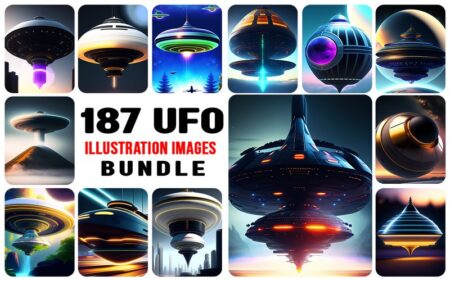 A collage of 13 UFO Illustrated Images along with the text of the bundle displayed in the center.