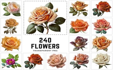 Feature Image of 240 Ultimate Transparent Flower Images Bundle. The image is a collage of 15 images of roses. There are different colors of roses shown in the images. Red rose, orange rose, white rose, yellow rose, pink rose and shades of red and white color.