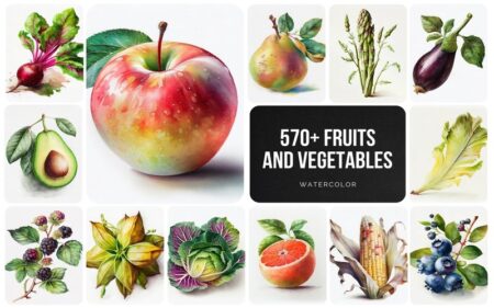 Feature Image of 570+ Fruits and Vegetables Watercolor Collection. The image is a collage of 13 mixed fruits and vegetables. There are apples, avocados, corn, brinjal, lettuce, berries, cabbage, orange, pear, beet-root, blueberries and pear millets, displayed in the image.