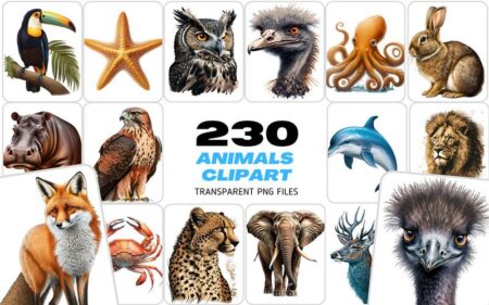 Feature Image of Amazing Animal Clipart Images Without Background, the image is a collage consisting wildlife animals, from the top left side, there's a woodpecker, star-fish, owl, orangutan, octopus, rabbit, hippo, eagle, dolphin, lion, fox, crab, cheetah, elephant, reindeer, orangutan.